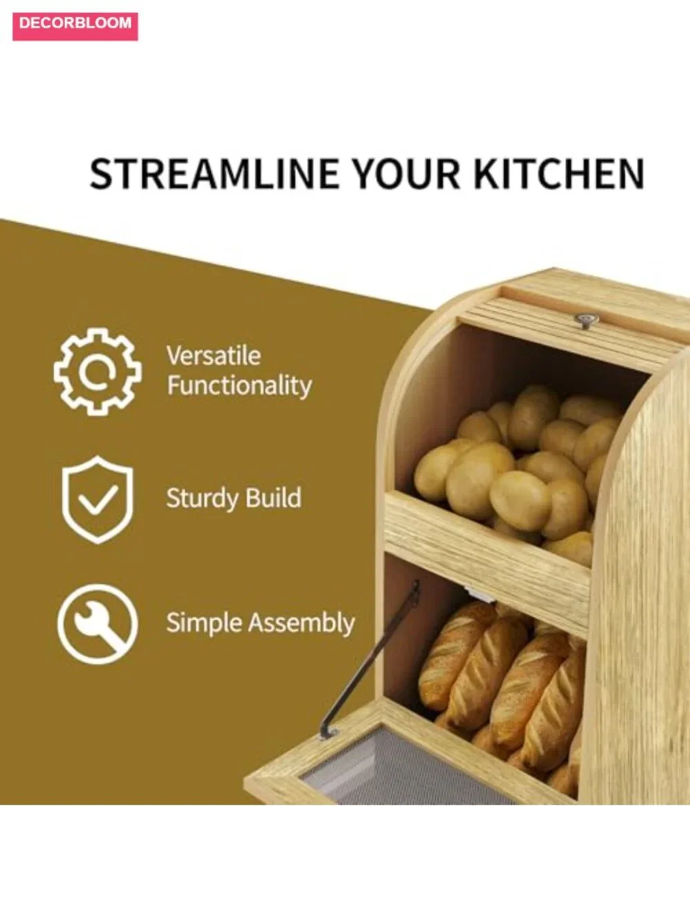 3-Tier Potato Onion Storage Bin with Wheels & Mesh Doors Bread Box Natural